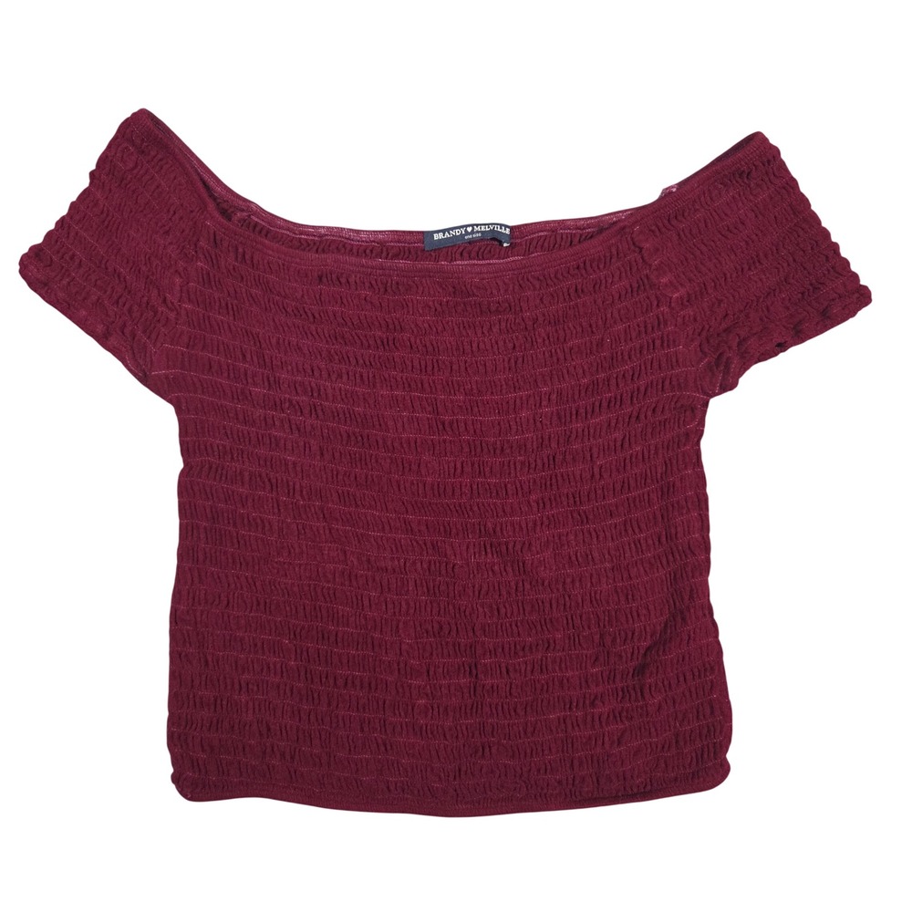 Brandy Melville Burgundy Smocked Off The Shoulder Short Sleeve Crop Top One Size